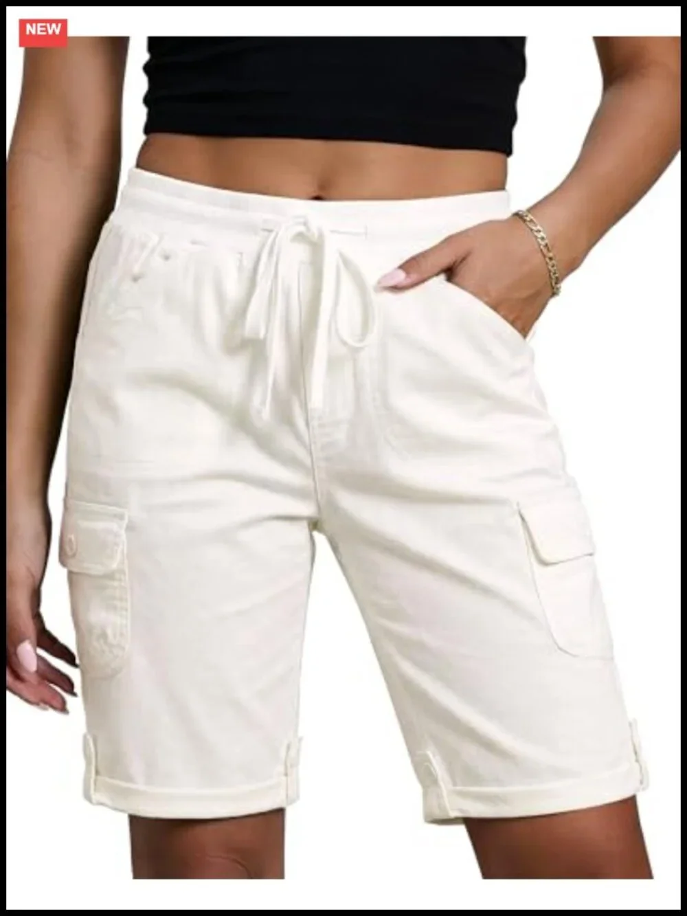 Women's Bermuda Cargo Shorts High Rise Elastic Waist Knee Length Cotton Blend